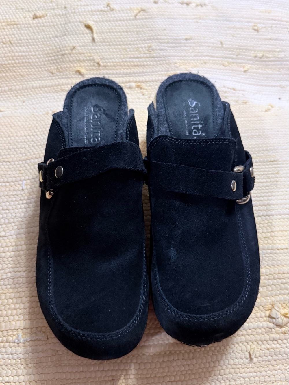 Sanita Black Suede Buckle Clog Mules